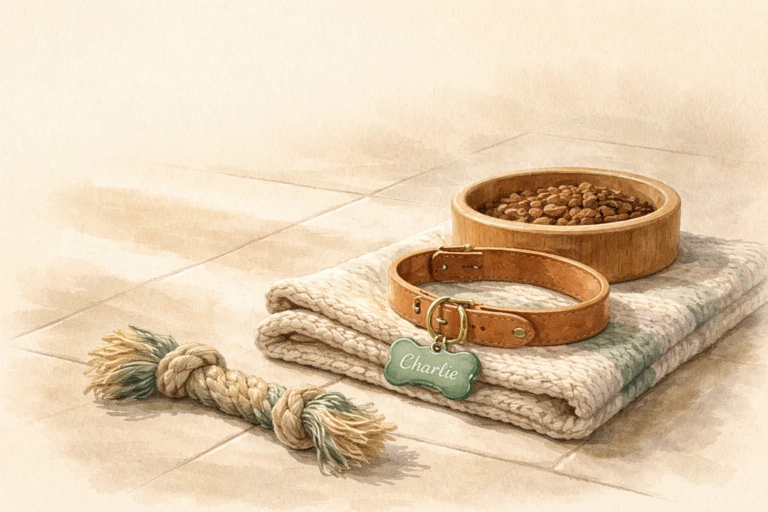 Veteriner muayene kağıtlarının yanında yatan sakin bir köpek ve kedi maması kasesi; arka planda evcil hayvan sigortası broşürü ve ahşap masa detayları.