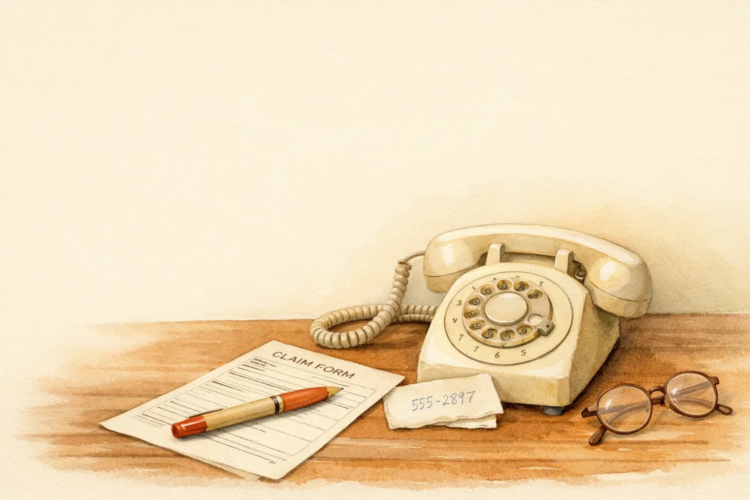 Ahşap masada krem eski model telefon ve altında el yazısı numara notu; yanında yarı doldurulmuş hasar formu üstünde terracotta başlıklı dolmakalem.