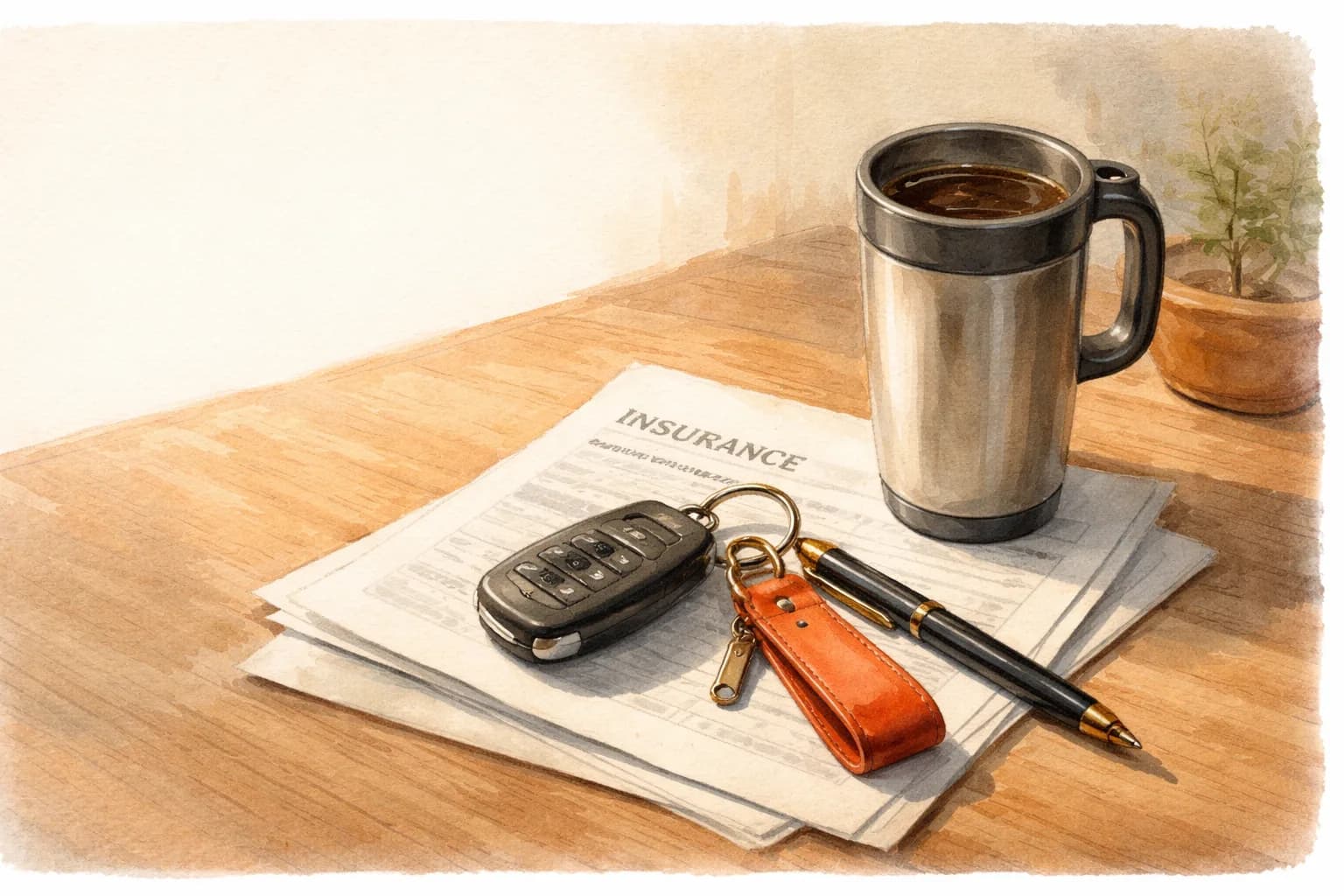 Terracotta deri anahtarlık takılı araç anahtarları, kasko poliçesi üzerinde duruyor; yanında yarı dolu seyahat termosu ve diyagonal bırakılmış dolmakalem.