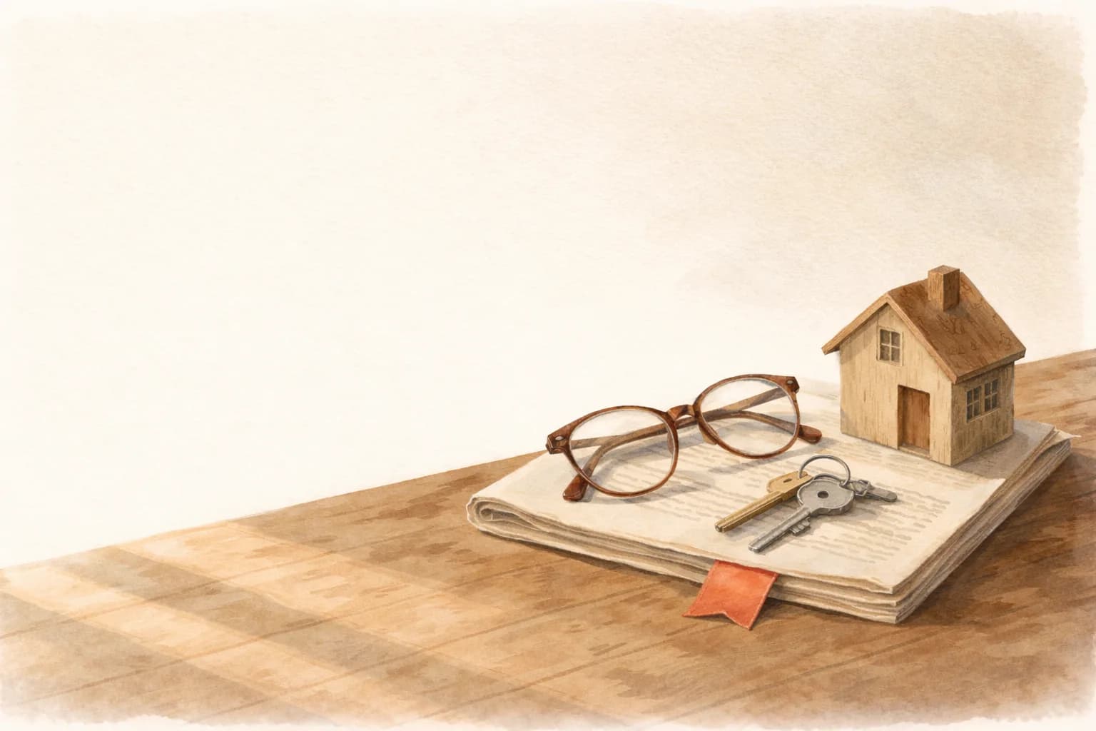 Ahşap masada küçük ev maketi ve terracotta şerit ayraçlı katlı konut poliçesi; poliçe üstünde ev anahtarları ve açık bırakılmış okuma gözlüğü.