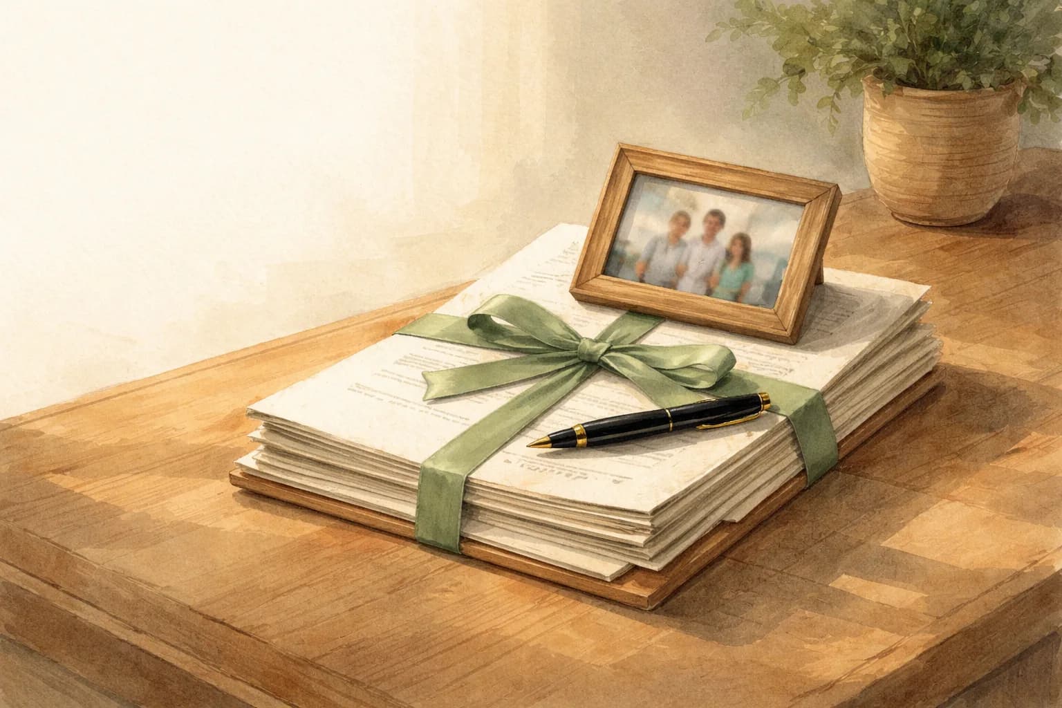 Ahşap masada sage yeşili şeritle bağlı dört katlı sağlık poliçesi ve üstünde yüzüstü çerçeveli aile fotoğrafı; şeride bırakılmış dolmakalem.