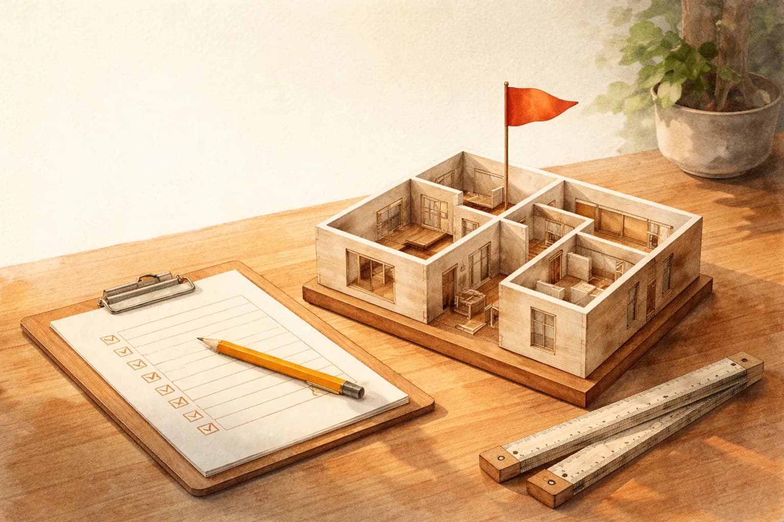 Ahşap masada çatısında minik terracotta bayraklı apartman maketi ve yanında yapı denetim kontrol listesi; yarı açılmış metre, listeye uzanan kalem.