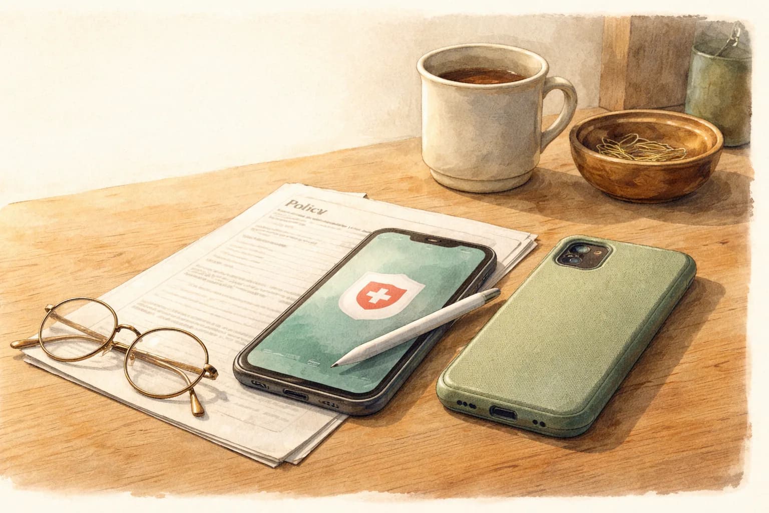 Ahşap masada yüzü yukarı tıbbi uygulama ikonlu telefon ve yanında sage yeşili kumaş kılıf; altında katlı kağıt poliçe, ekrana uzanan stylus kalem.